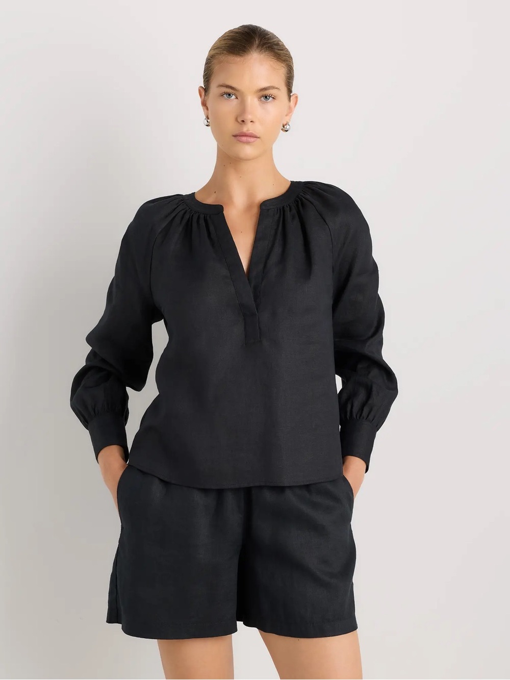 Quince Black Long-Sleeve Split-Neck Blouse